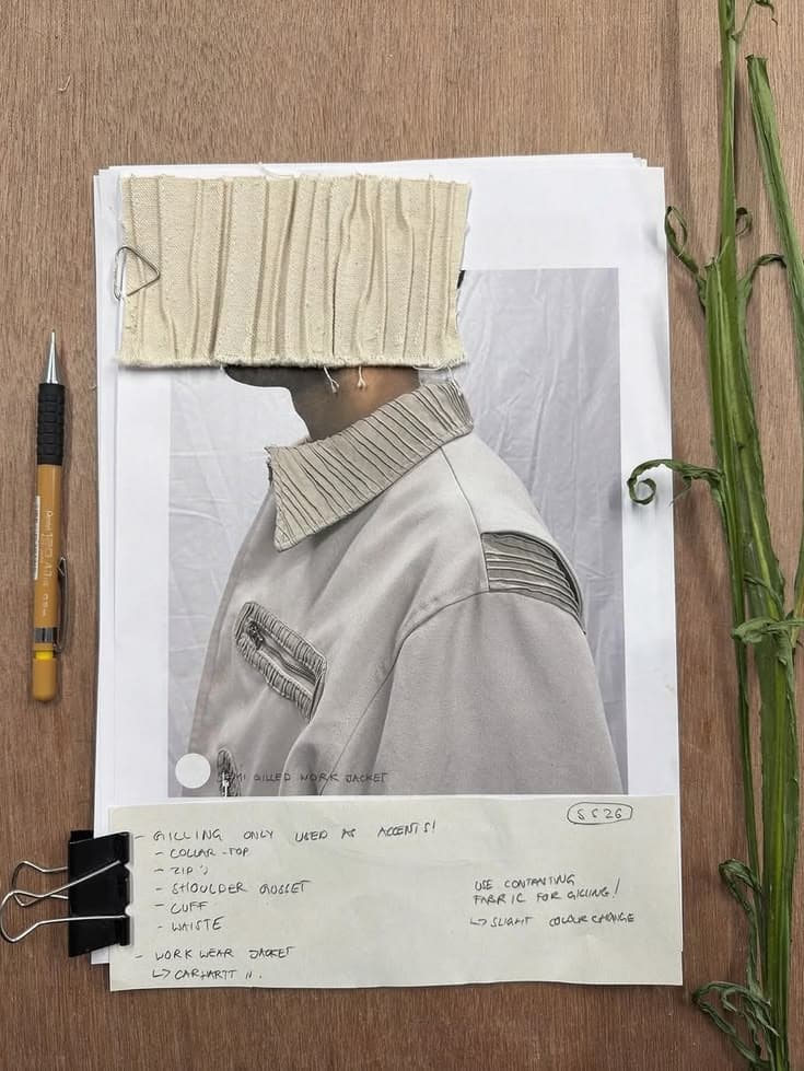 A designer's research page for an SS26 workwear jacket, with a pleated calico swatch pinned on