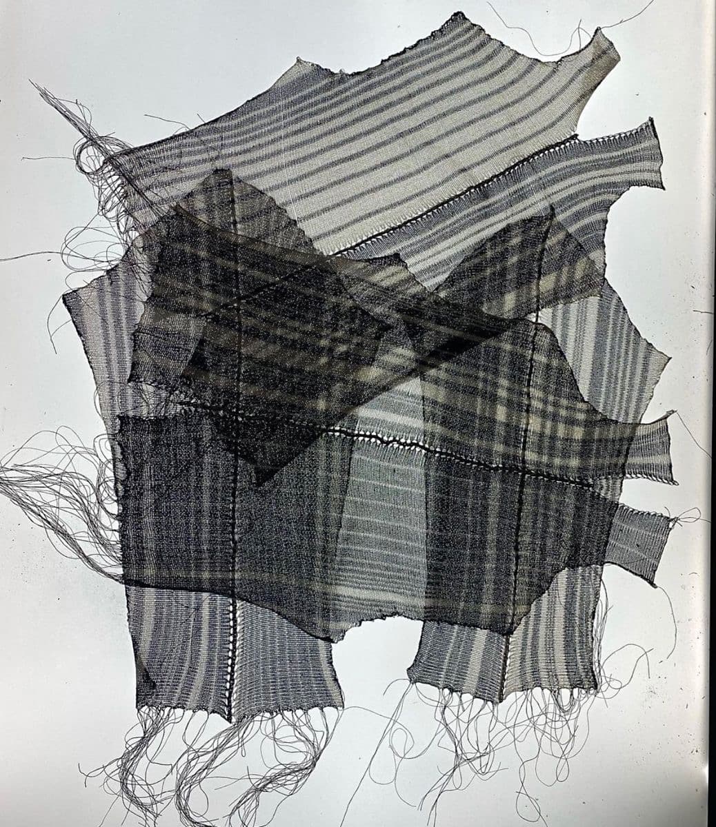 A layered collage of frayed woven check and stripe swatches