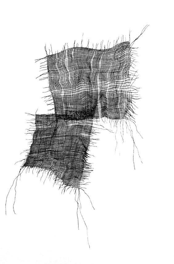 A black-and-white study of two loosely woven gauze swatches with trailing threads